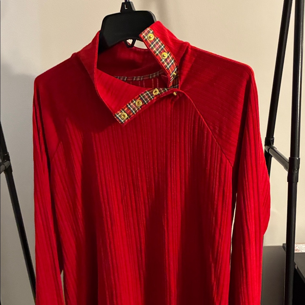 Red Long Sleeve Top with Plaid Button Collar